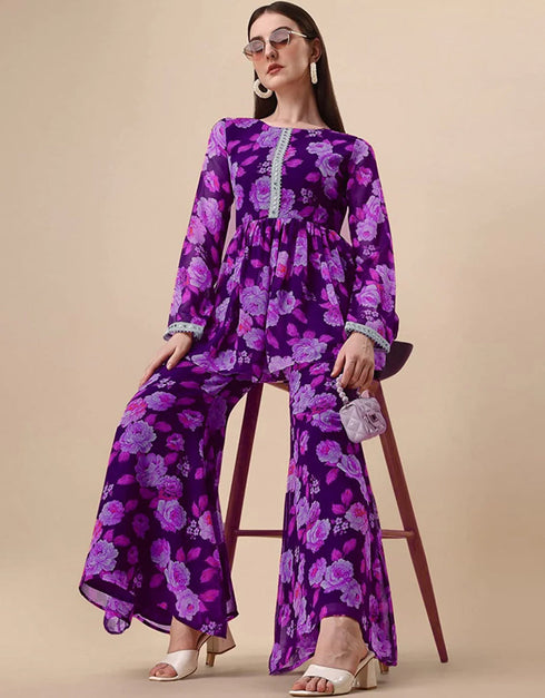 Designer Party Wear Heavy Georgette Readymade Top With Sharara Collection Purple Georgette Sharara Suit Close-up View